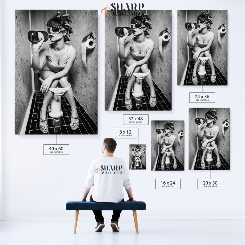 May include: A black and white photo of a woman sitting on a toilet, drinking from a bottle. The photo is available in various sizes, from 8x12 inches to 40x60 inches.