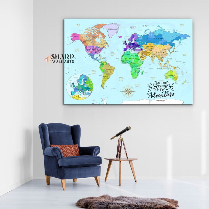 World Map Wall Art Watercolor World Map Canvas Art Large Etsy