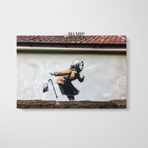 Banksy Aachoo Sneeze Wandkunst auf Leinwand, niesende Frau, Banksys neuestes Kunstwerk, Graffiti-Straßenkunst, Wandkunst gerahmt und fertig zum Aufhängen