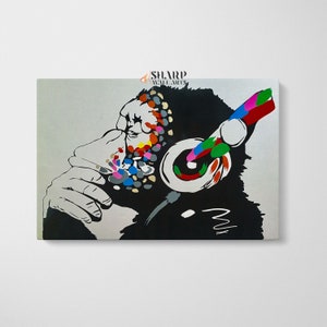 BANKSY WALL ART Banksy Canvas Banksy Dj Monkey Banksy Monkey Banksy Thinking Monkey Headphones Graffiti Wall Art Large Pop Art Canvas
