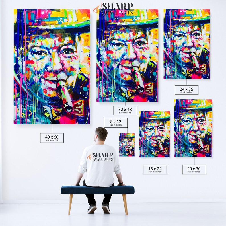 Pode incluir: Um retrato abstrato colorido de um homem com um chap&eacute;u e um charuto na boca. A imagem est&aacute; dispon&iacute;vel em v&aacute;rios tamanhos, de 8x12 polegadas a 40x60 polegadas.