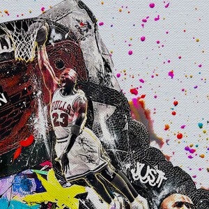 May include: A black and white abstract painting of a basketball player dunking. The player is wearing a white jersey with the number 23 and the word "Bulls" on it. The background is a white canvas with colorful paint splatters.