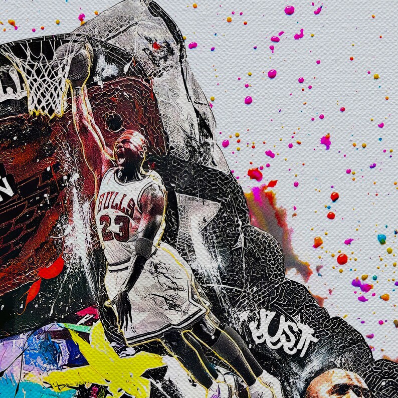 May include: A black and white abstract painting of a basketball player dunking. The player is wearing a white jersey with the number 23 and the word "Bulls" on it. The background is a white canvas with colorful paint splatters.