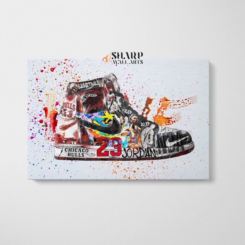 May include: A colorful abstract painting of a basketball shoe with the number 23 and the name Jordan. The shoe is surrounded by colorful paint splatters and the words "Chicago Bulls" are visible on the side of the shoe.
