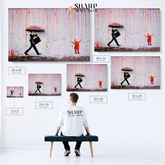BANKSY WALL ART Canvas Print Rainbow Rain, Banksy Coloured