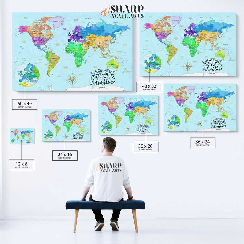 World Map Wall Art Watercolor World Map Canvas Art Large Etsy