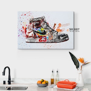 May include: A colorful abstract painting of a basketball shoe with a basketball player in the background. The shoe is a white and black Air Jordan with a red and black swoosh. The background is a white canvas with colorful paint splatters. The text "CHICAGO BULLS" and "23 JORDAN" is visible on the shoe.