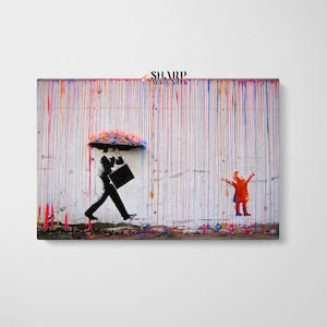 BANKSY COLORED RAIN Canvas, Banksy Rainbow Rain, Banksy Coloured Rain, Banksy Print, Banksy Wall Art, Banksy Street Art, Banksy Rain Framed