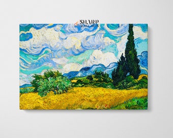 May include: A painting of a field of wheat with a blue sky and white clouds. There are trees in the background and a tall cypress tree in the center of the image.