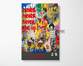 May include: A colorful, abstract painting with a graffiti style. The painting features two children, one standing on the other's shoulders, with the words "never never never give up!" painted in red. The painting also features Mickey Mouse characters and other colorful abstract shapes.
