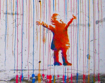 BANKSY WALL ART Canvas Print Rainbow Rain, Banksy Coloured