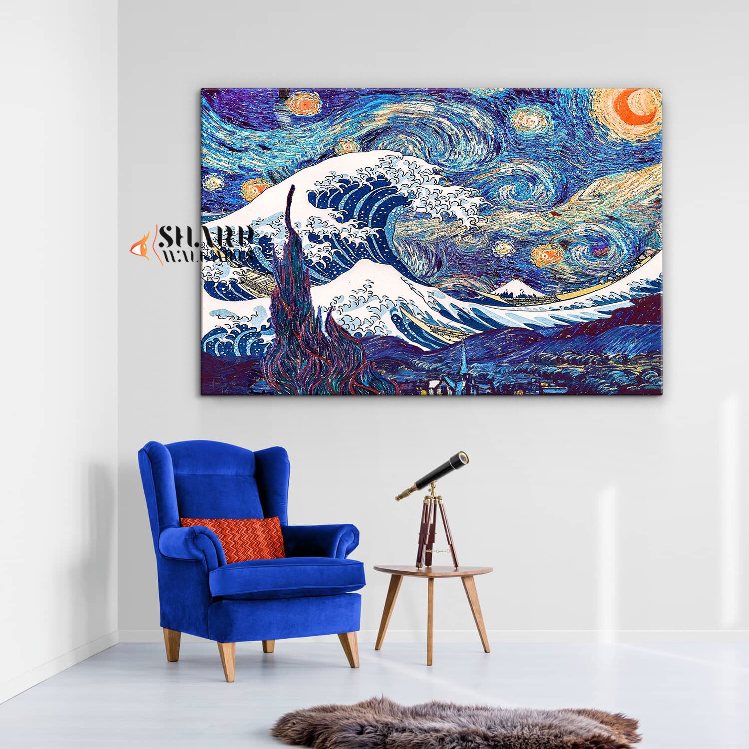 Tableau Toile « Nuit Étoilée Banksy Van Gogh » - Art Mural Rétro - Encadré Prêt à Accrocher