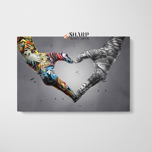 GRAFFITI WALL ART Banksy Lovers Holding Hands Heart Sign Unity Artwork Street Art Print, Modern Pop Art Wall Art Graffiti Art Print Painting