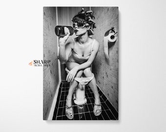 Black and White Fashion Wall Art, Trendy Wall Art, Girly Wall Art, Fashion Wall Art, Funny Bathroom Art, Fashion Toilet Girl Drinking Canvas