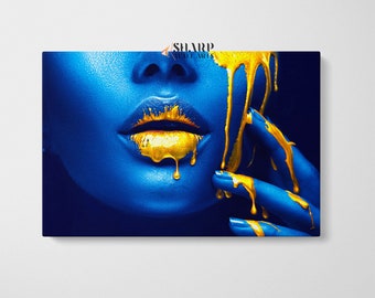 GOLD LIPS Wall ART Canvas Print Framed for Living Room Bedroom Bathroom Office Large Modern Home Wall Decor Stretched and Ready to Hang