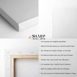 May include: A close-up of a canvas print stretched on a wooden frame. The canvas is white and the frame is a light brown wood. The text "SHARP WALL ARTS" is visible in the image. The text below the logo reads: "All canvases are shipped assembled. Hand-stretched canvas on a natural wood frame. Our frames are made in-house, in the USA. All used stretcher bars are FCS certificated. Vibrant inks, color proof over 100 years. UV-resistant inks, totally free of solvents. Safe for people suffering from allergies. You will receive a finished product Ready to Hang."
