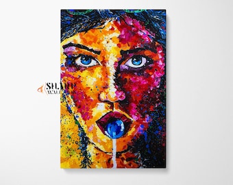 Woman Portrait With Lollipop Wall ART CANVAS PRINT, Pop Culture Wall Art, Abstract Living Room Art, Trendy Modern Colorful Artwork