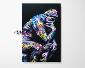 GRAFFITI WALL ART Banksy Thinking Man Artwork Street Art Print Modern Large Pop Art Wall Art Graffiti Art Painting Pop Art Canvas