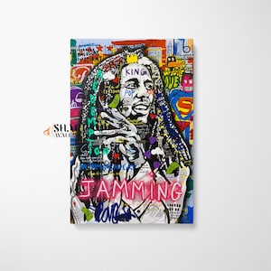 Bob Marley Reggae King Wall Art Canvas Print, Singer Wall Art, Banksy Style Artwork, Graffiti Street Art, Bob Marley Pop Art Ready To Hang