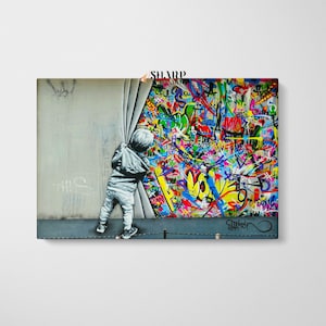 BANKSY CANVAS Wall Art Print Banksy Behind the Curtain Banksy Graffiti Wall Art Street Art Prints Pop Art Canvas Banksy Curtain Boy Artwork