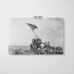 Raising the Flag on Iwo Jima Canvas World War 2 Wall Art Antique Canvas Art Old War Photo Canvas Wall Decor United States Flag Mt Suribachi