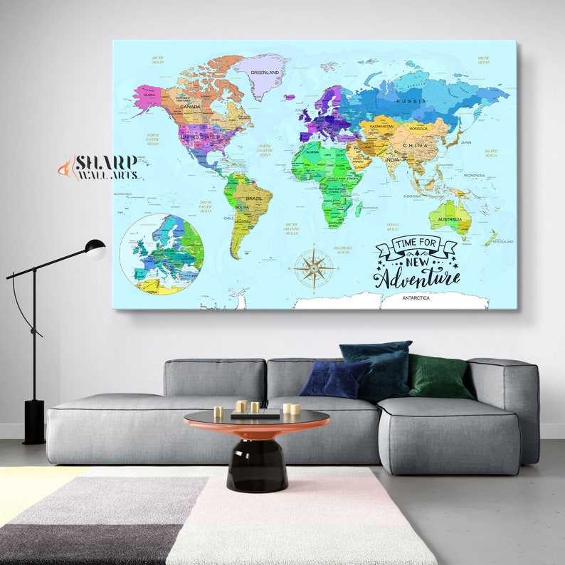 World Map Wall Art Watercolor World Map Canvas Art Large Etsy