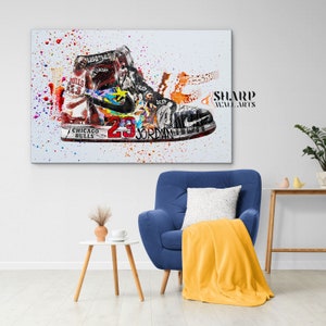 May include: A colorful abstract painting of a basketball shoe with a white background. The shoe is a high-top with a red and black color scheme. The number "23" and the words "Chicago Bulls" and "Jordan" are visible on the shoe. The painting is splattered with paint in various colors.