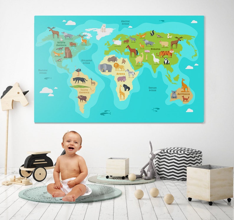 Baby Boy Nursery Kids World Map Wall Art Girls Room Decor Etsy