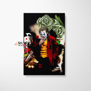 May include: A digital illustration of the Joker from the movie "Joker" in a red suit and yellow vest, smoking a cigarette. He is surrounded by playing cards, a roulette wheel, and a rose made of money.