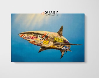 GRAFFITI WALL ART Banksy Graffiti Shark Wall Art Street Art Print, Modern Pop Art Wall Art Graffiti Art Painting Shark Artwork Fish Art