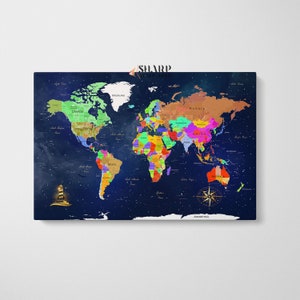 May include: A blue world map with a star-studded background. The map is divided into countries with different colors. A compass and a lighthouse are featured on the map. The text "SHARP" is at the top of the map.