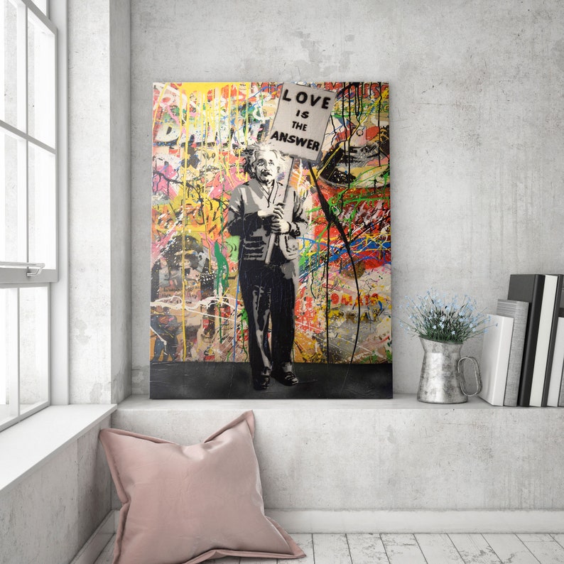 Banksy Love Is The Answer Einstein Wall Art Canvas Print, Banksy Graffiti Street Art, Graffiti Painting, Wall Art Framed and Ready to Hang 