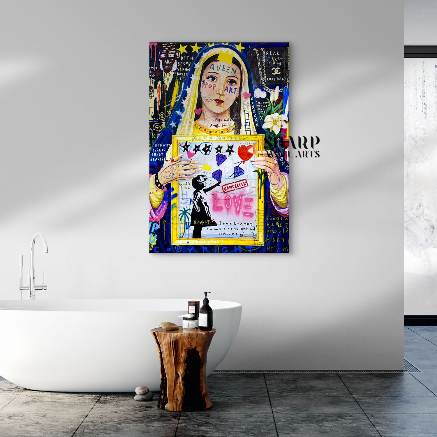 Tableau Pop Art Vierge Marie Signé Spaco - Style Street Art Pochoir Banksy - œuvre Originale