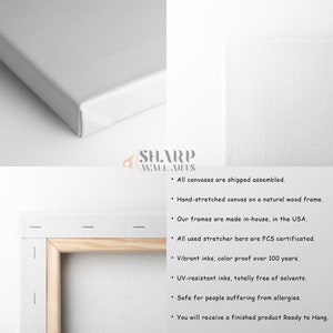 Pu&ograve; includere: Un primo piano di una tela bianca tesa su un telaio in legno. La tela &egrave; pronta per essere appesa e presenta il testo "SHARP WALL ARTS". Il testo descrive la tela come spedita assemblata, tesa a mano, realizzata negli Stati Uniti e utilizzando barre di telaio certificate FSC. La tela &egrave; anche descritta come con inchiostri vibranti, resistente ai raggi UV e sicura per le persone allergiche.