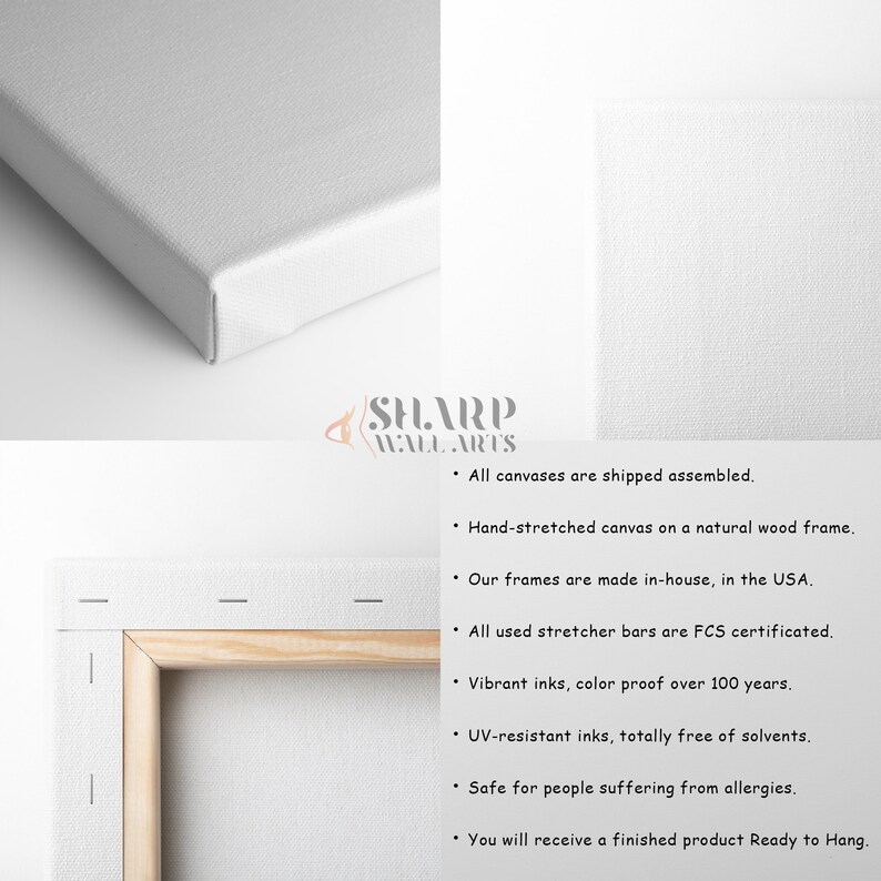 Pu&ograve; includere: Un primo piano di una tela bianca tesa su un telaio in legno. La tela &egrave; pronta per essere appesa e presenta il testo "SHARP WALL ARTS". Il testo descrive la tela come spedita assemblata, tesa a mano, realizzata negli Stati Uniti e utilizzando barre di telaio certificate FSC. La tela &egrave; anche descritta come con inchiostri vibranti, resistente ai raggi UV e sicura per le persone allergiche.