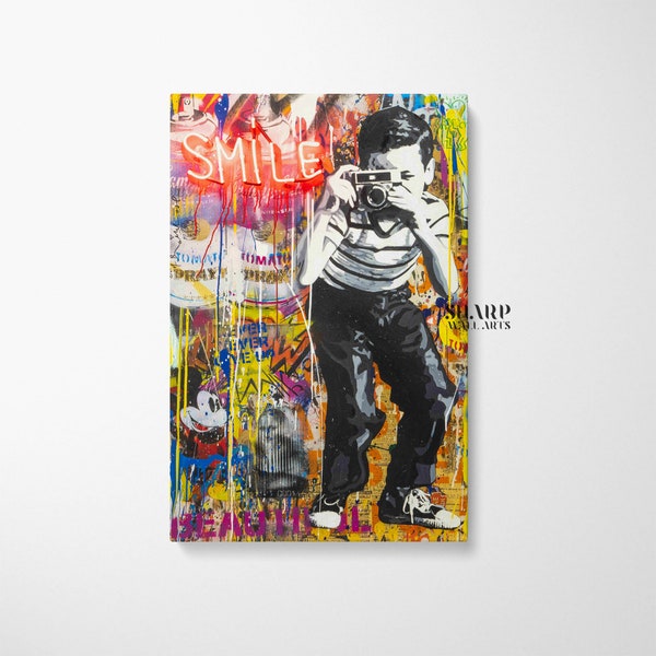 BANKSY WALL ART Banksy Canvas Banksy Camera Boy Banksy Smile Graffiti Wall Art Street Art Canvas Large Pop Art Wall Art Graffiti Wall Art