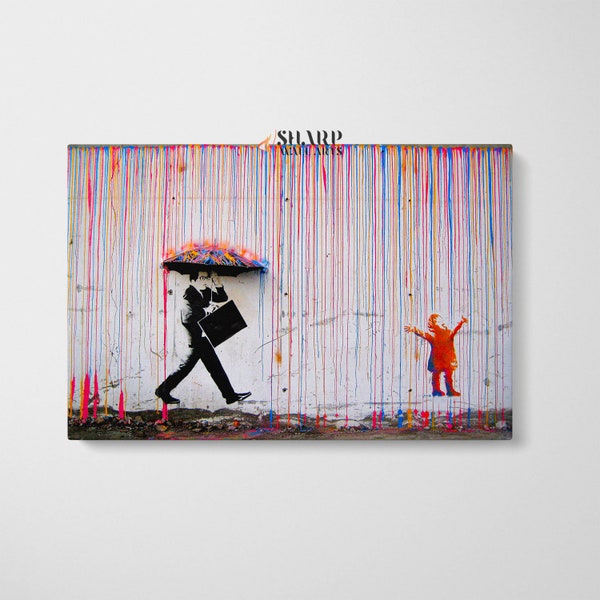 BANKSY WALL ART Canvas Print Rainbow Rain, Banksy Coloured Rain, Banksy Street Art, Graffiti Wall Art, Pop Art Canvas, Umbrella Man