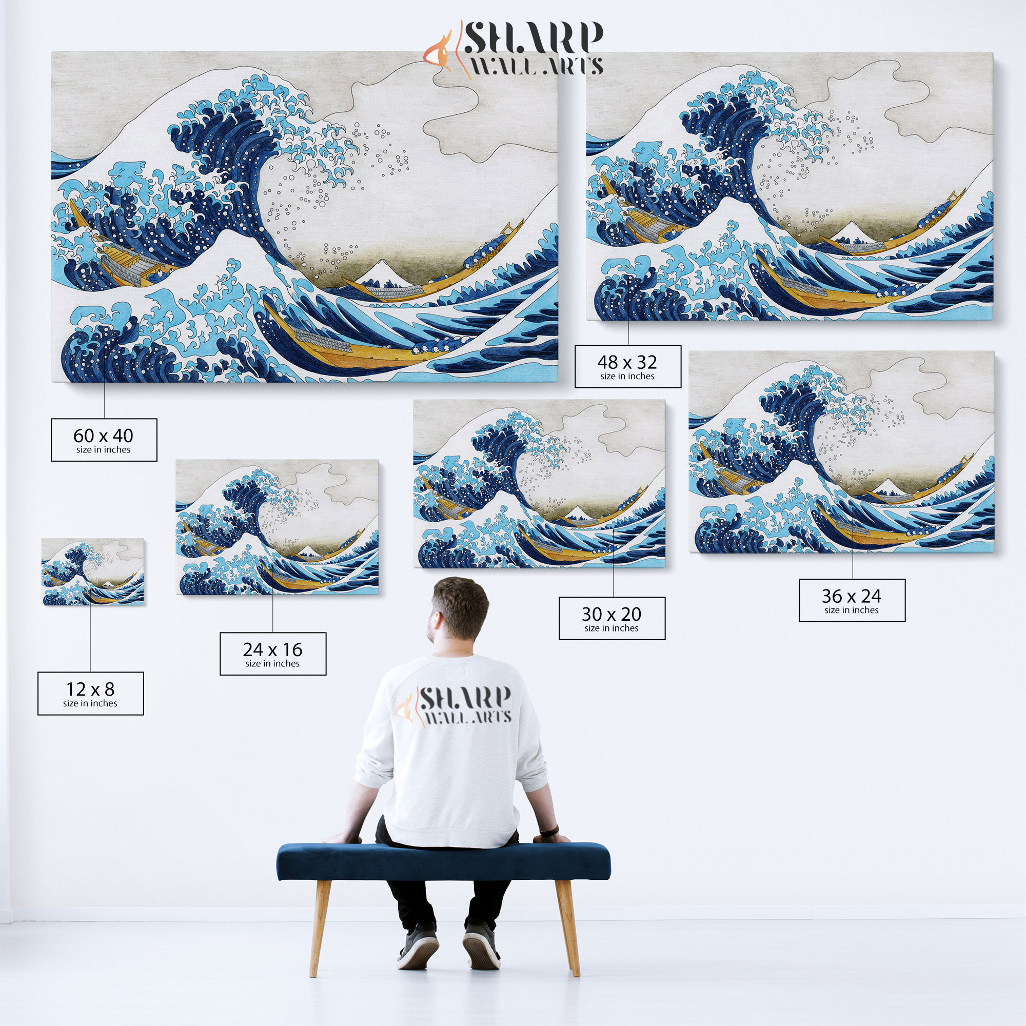 Quadro La Grande Onda Di Kanagawa Su Tela - 3 Pezzi 60x30 Cm, Stampa Canvas, Per Soggiorno O Ufficio - Foto 3