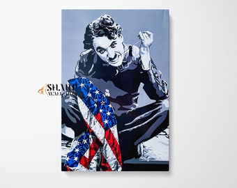 CHARLIE CHAPLIN CANVAS Wall Art Print, American Flag Wall Art, Hollywood Icon Art, Celebrity Wall Art, Patriotic Wall Art, 4th Of July Decor