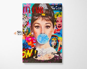May include: A colorful and vibrant collage featuring a woman blowing a bubble with a blue and white pattern. The woman is wearing a black dress and a pearl necklace. The background is filled with various images and text, including the words "City Fair" and "Supreme".