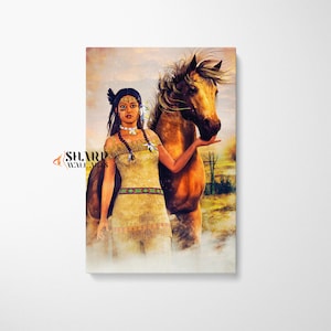 May include: A Native American woman in traditional clothing stands with a brown horse in a field. The woman has dark hair and is wearing a beaded necklace and a fringed dress. The horse has a white mane and tail and is looking at the woman.