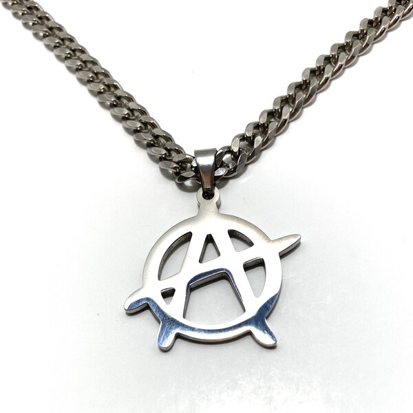 Anarchy Pendant Necklace - Black Enamel 'A' Symbol, Adjustable Cord, Pewter, Punk Biker