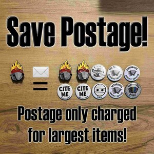 Graphic showing how one pin costs the same postage as two pins and several buttons. Text: Save postage! Postage only charged for largest item!