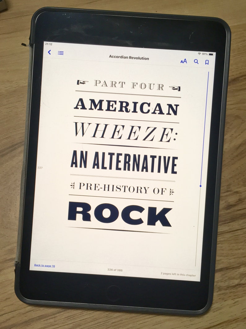 Photo of a Heading page on an ebook reader. Text: Part four, American Wheeze, an alternative pre-history of The Rock.