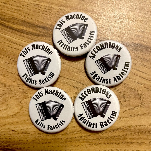 Piano Accordion "This Machine..." 5 Pin/Badges (complete set)