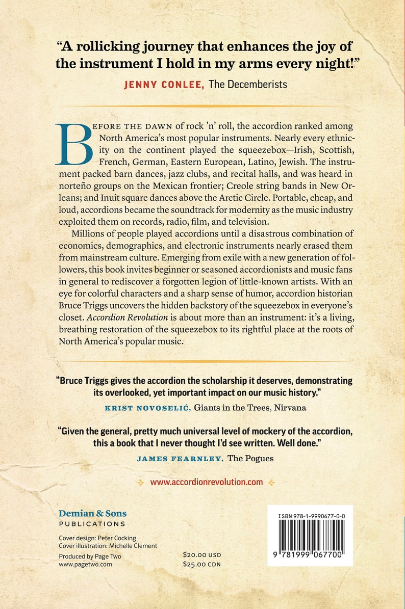 Back of the book, description, blurbs from Jenny Conlee of the Decemberists, Krist Novoselic from Nirvana, and James Fearnley from the Pogues.