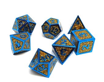 Heroic Dice of Metallic Luster - Gold with Blue Font - 7 Piece Metal Polyhedral Dice Collection