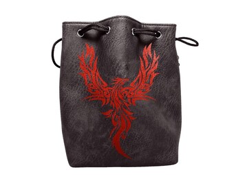 Black Leather Lite Self Standing Large Dice Bag - Phoenix Design