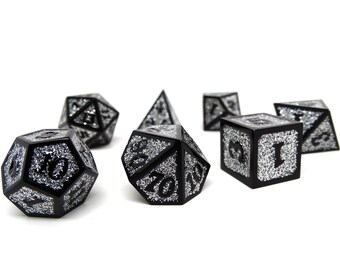 Heroic Dice of Metallic Luster - Silver with Black Font - 7 Piece Metal Polyhedral Dice Collection