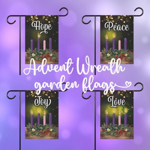 May include: Four Advent wreath garden flags with a dark background and gold glitter. Each flag features a purple and pink candle with a wreath of greenery and berries. The flags read "Hope", "Peace", "Joy", and "Love".